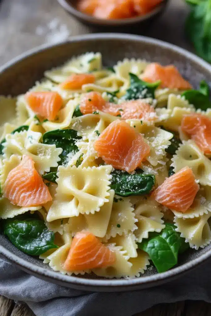 Cremige Lachs-Pasta mit Spinat in einer Pfanne serviert.