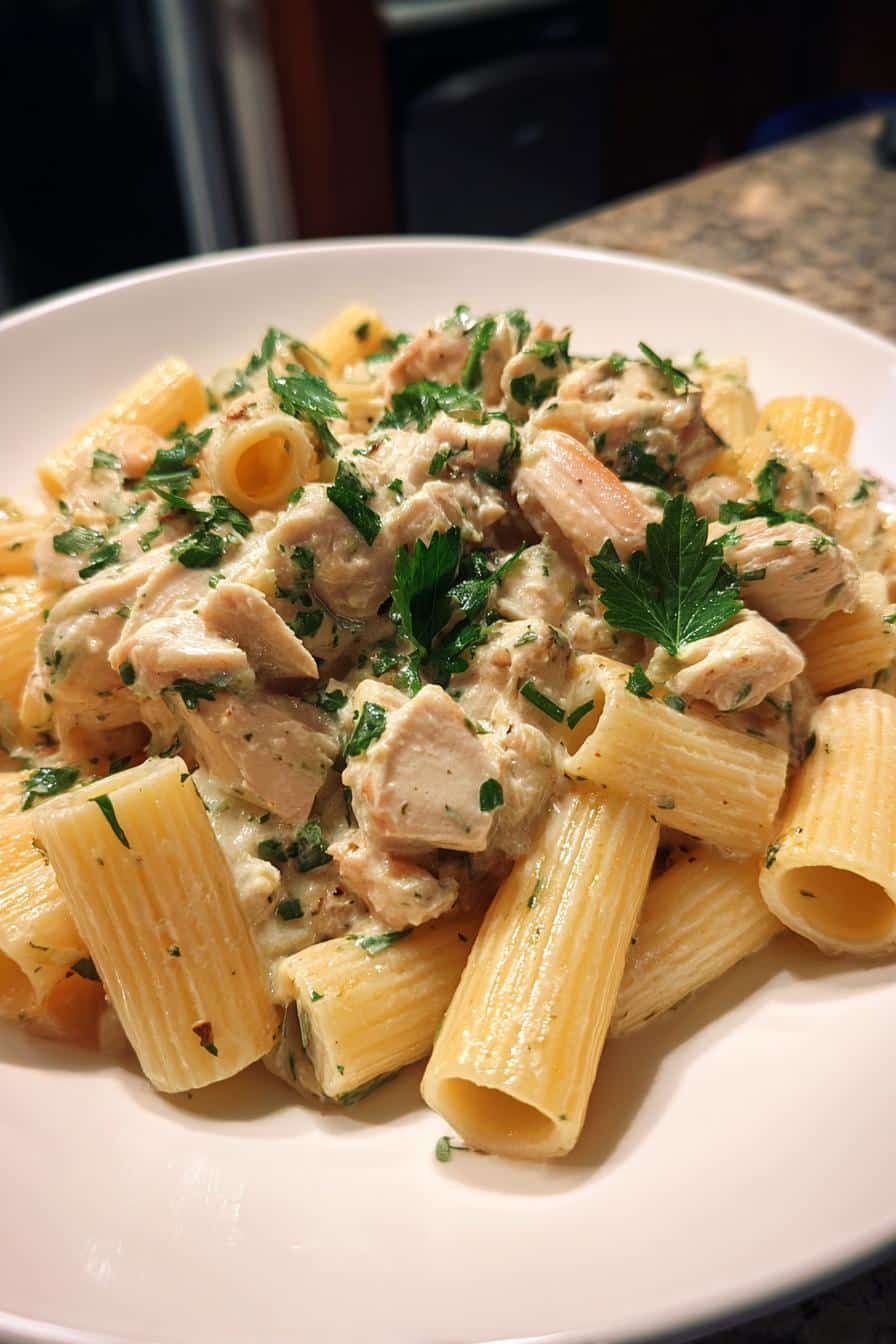 cremiges knoblauchbutter huhn mit rigatoni geniesen - detail 1