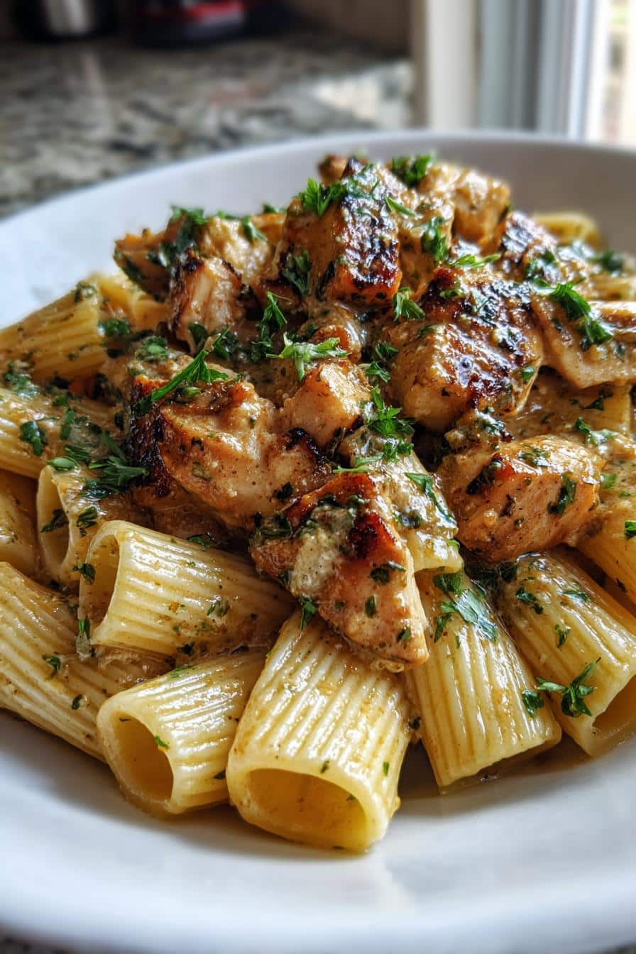 cremiges knoblauchbutter huhn mit rigatoni geniesen - detail 2