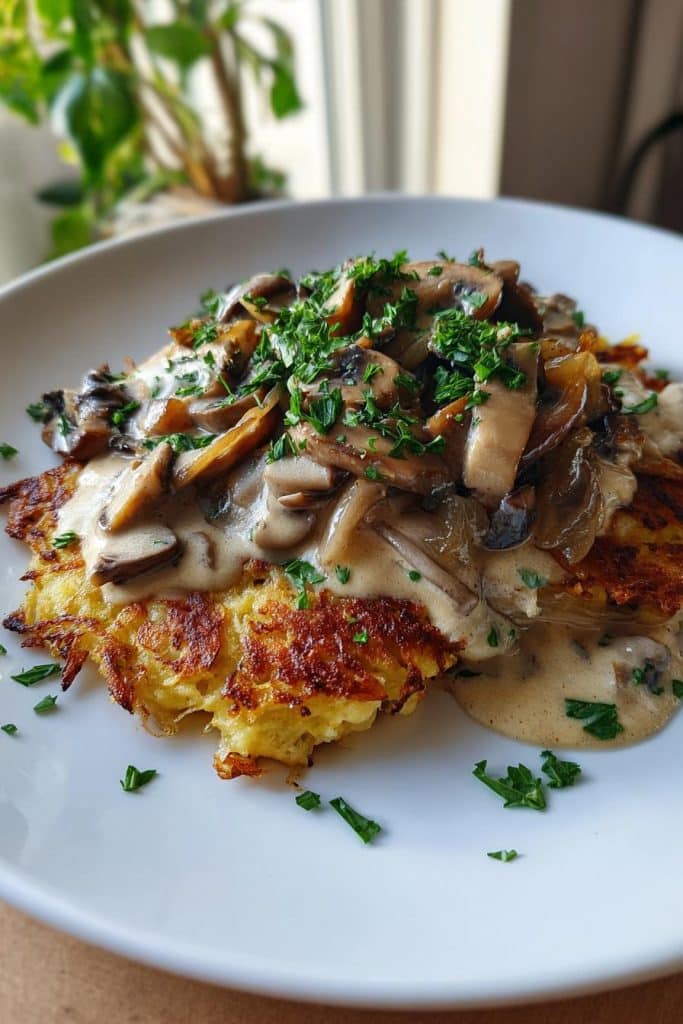 mozzarella rosti mit zwiebel pilzsose einfach zubereiten