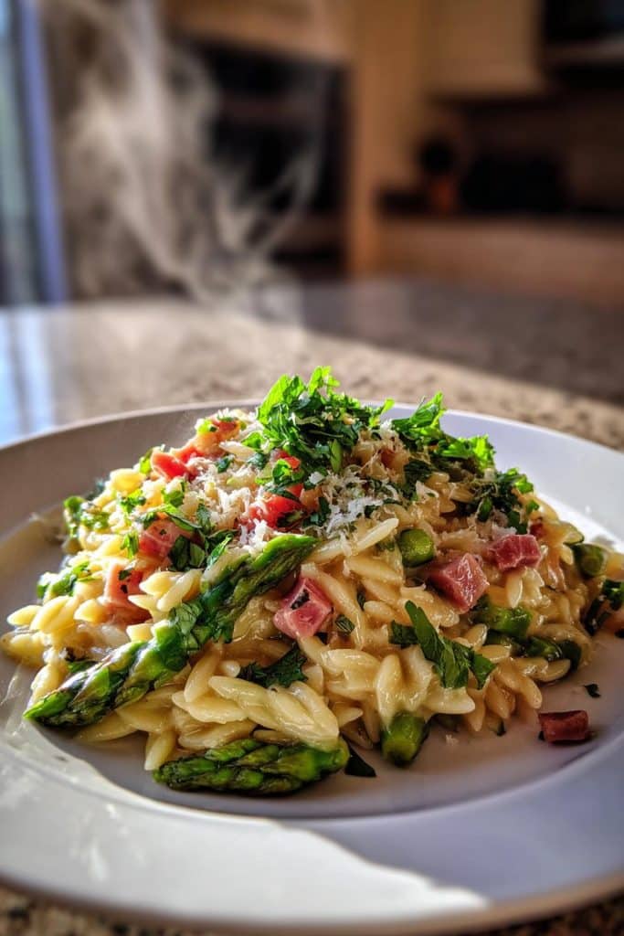 spargel orzo pasta mit schinken rezept einfach zubereiten
